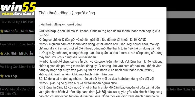 Chấp nhận điều khoản điều kiện khi đăng ký Win55